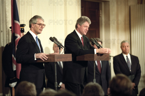 U.S. President Bill Clinton and British Prime Minister John Major delivering press statements, East Room, White House, Washington, D.C., USA, Bob McNeely, White House Photographer, February 24, 1993