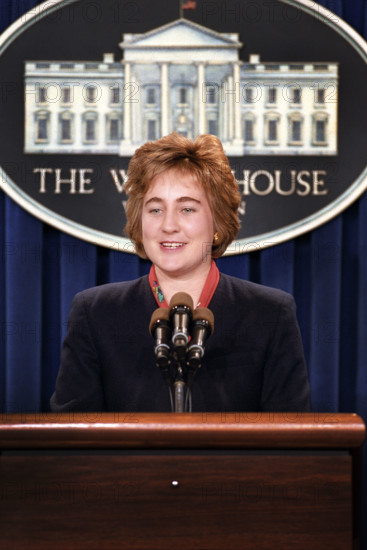 U.S. Press Secretary Dee Dee Myers briefing the press, White House, Washington, D.C., USA, Ralph Alswang, White House Photographer, February 25, 1993