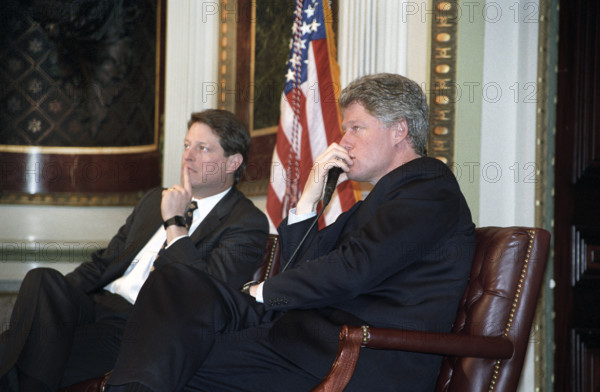 U.S. President Bill Clinton and U.S. Vice President Al Gore during meeting in the Indian Treaty Room, White House, Washington, D.C., USA, Bob McNeely, White House Photographer, February 25, 1993