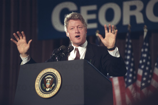 U.S. President Bill Clinton delivering an address to business leaders, Atlanta, Georgia, USA, Barbara Kinney, White House photographer, March 19, 193