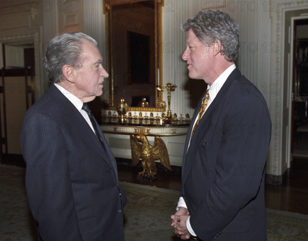 U.S. President Bill Clinton meeting with former U.S. President Richard Nixon in private residence, White House, Washington, D.C., USA, Bob McNeely, White House Photographer, March 8, 1993