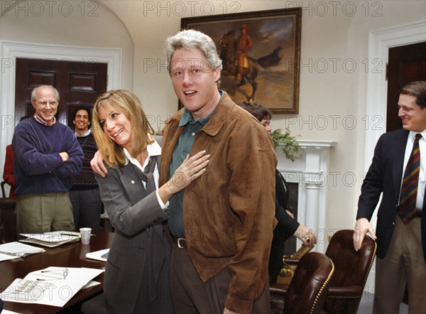 U.S. President Bill Clinton with Barbra Streisand and others, White House, Washington, D.C., USA, Barbara Kinney, White House photographer, March 27, 1993