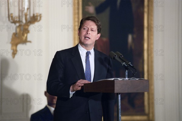 U.S. Vice President Al Gore speaking at summer jobs initiative event, East Room, White House, Washington, D.C., USA, Barbara Kinney, White House photographer, March 29, 1993