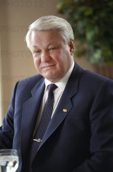 Russian President Boris Yeltsin, half-length portrait while attending trilateral meeting with U.S. President Bill Clinton and Canadien Prime Minister Brian Mulroney, Vancouver, British Columbia, Canada, Bob McNeely, White House Photographer, April 3, 1993