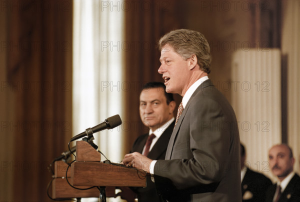 U.S. President Bill Clinton and Egyptian President Hosni Mubarak holding joint press conference in the East Room of the White House, Washington, D.C., USA, Barbara Kinney, White House Photographer, April 6, 1993