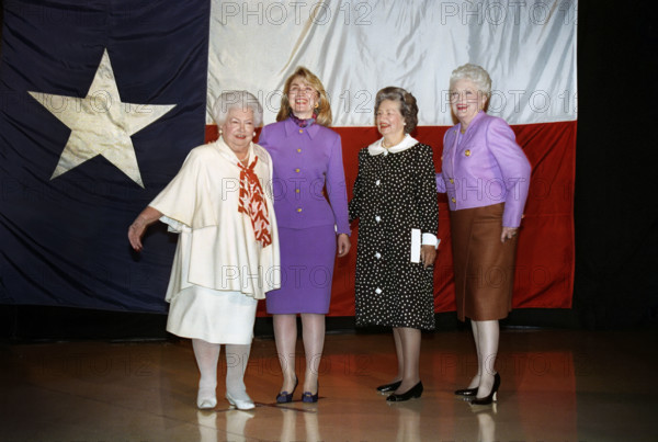 Liz Carpenter, U.S. First Lady Hillary Rodham Clinton, former U.S. First Lady Claudia 'Lady Bird' Johnson and Texas Governor Ann Richards at the Liz Carpenter Lectureship Event at the Erwin Center, University of Texas, Austin, Texas, USA, Ralph Alswang, White House Photographer, April 6, 1993