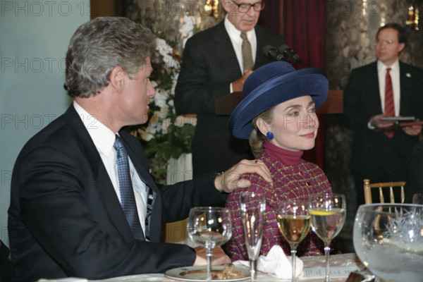 U.S. President Bill Clinton and U.S. First Lady Hillary Rodham Clinton attending inaugural luncheon, National Statuary Hall, U.S. Capitol Building, Washington, D.C., USA, Bob McNeely, White House Photographer, January 20, 1993