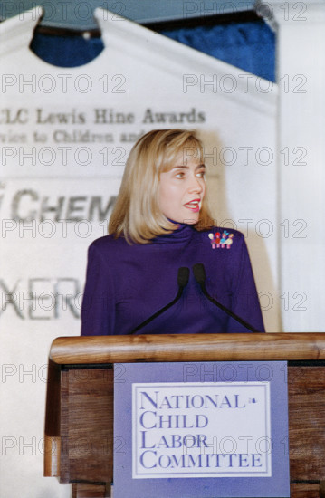 U.S. First Lady Hillary Rodham Clinton participating in the National Child Labor Committee Lewis Hine Award Ceremony, Chemical Bank Building, New York City, New York, USA, Barbara Kinney, White House Photographer, January 26, 1993