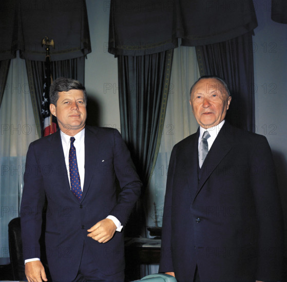 U.S. President John F. Kennedy meeting with West German Chancelor Konrad Adenauer in the oval office of the White House, Washington, D.C., USA, Robert Knudsen, White House Photographs, April 12, 1961