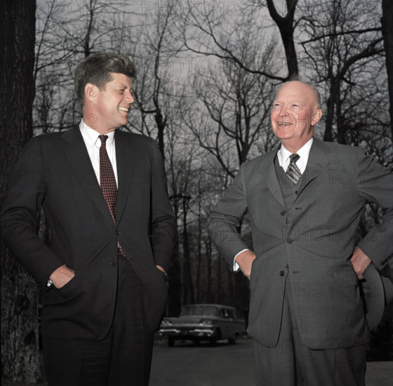 U.S. President John F. Kennedy with former U.S. President Dwight D. Eisenhower, Camp David, Frederick County Maryland, USA, Robert Knudsen, White House Photographs, April 22, 1961