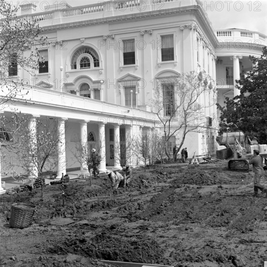 Group of unidentified workers dig into section of the lawn at the Rose Garden construction site near West Wing Colonnade, White House, Washington, D.C.., USA, Robert Knudsen, White House Photographs, April 2, 1962
