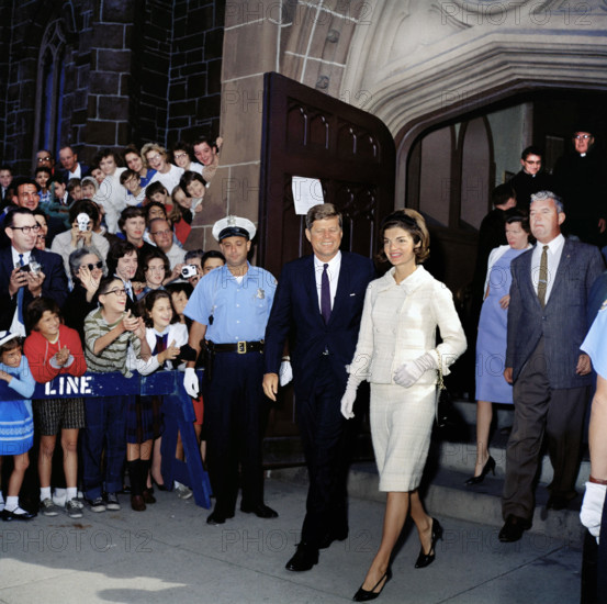 U.S. President John F. Kennedy and U.S. First Lady Jacqueline Kennedy leaving St. Mary’s Church after attending mass, Newport, Rhode Island, USA, Robert Knudsen, White House Photographs, October 1, 1961