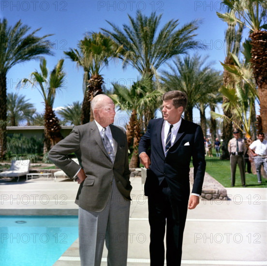 U.S. President John F. Kennedy with former U.S. President Dwight D. Eisenhower, Palm Springs, California, USA, Robert Knudsen, White House Photographs, March 24, 1962