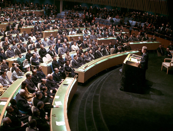 U.S. President John F. Kennedy addressing the delegates of  the General Assembly of the United Nations, General Assembly Hall, United Nations Headquarters, New York City, New York, USA, Cecil Stoughton, White House Photographs, September 25, 1961