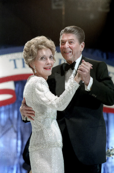 U.S. President Ronald Reagan and U.S. First Lady Nancy Reagan dancing at an Inaugural Ball at the D.C. Armory, Washington, D.C., USA, President Ronald Reagan White House Photographic Office, January 21, 1985