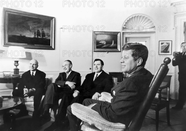 U.S. President John F. Kennedy (right) meeting with Minister of Foreign Affairs of the Soviet Union Andrei Gromyko (seated to the left of Kennedy), Deputy Minister of Foreign Affairs of the Soviet Union, Vladimir S. Semenov (seated far left) and Soviet Ambassador to the U.S., Anatoliy Fedorovich Dobrynin, (seated 2nd left), Oval Office, White House, Washington, D.C., USA, Cecil Stoughton, White House Photographs, October 18, 1962