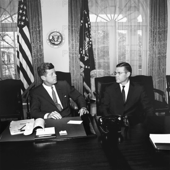 U.S. President John F. Kennedy meeting with U.S. Secretary of Defense Robert S. McNamara in the Cabinet Room, White House, Washington, D.C., USA, Cecil Stoughton, White House Photographs, June 19, 1962