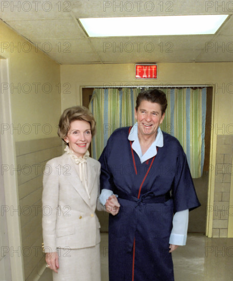 U.S. President Ronald Reagan and U.S. First Lady Nancy Reagan at George Washington Hospital following assassination attempt, Washington, D.C., USA, President Ronald Reagan White House Photographic Office, April 3, 1981