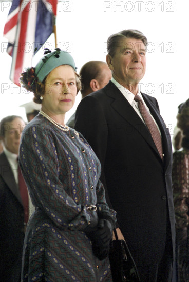 U.S. President Ronald Reagan with Queen Elizabeth II during her arrival ceremony, Santa Barbara Airport, Santa Barbara, California, USA, President Ronald Reagan White House Photographic Office, March 1, 1983