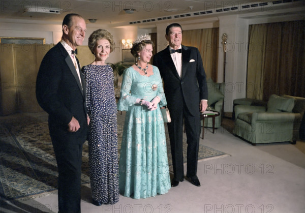 U.S. President Ronald Reagan and U.S. First Lady Nancy Reagan celebrating their thirty-first wedding anniversary with Queen Elizabeth and Prince Philip aboard her majesty's yacht, Britannia, President Ronald Reagan White House Photographic Office, March 4, 1983