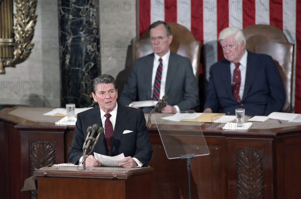 U.S. President Ronald Reagan, U.S. Vice President George H.W. Bush and Speaker of the House Tip O'Neill during Reagan's speech to Congress on Central America at the U.S. Capitol, Washington, D.C., USA, President Ronald Reagan White House Photographic Office, April 27, 1983