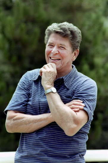 U.S. President Ronald Reagan, half-length portrait at Rancho Del Cielo, Santa Barbara, California, USA, President Ronald Reagan White House Photographic Office, July 3, 1983