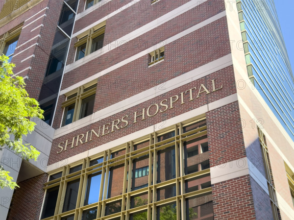 Shriners Children's Boston, building exterior detail, low angle view, 51 Blossom St. Boston, Massachusetts, USA
