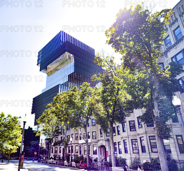 Row of commercial and residential buildings with Boston University's Duan Family Center for Computing & Data Sciences in background, Bay State Road, Boston, Massachusetts, USA