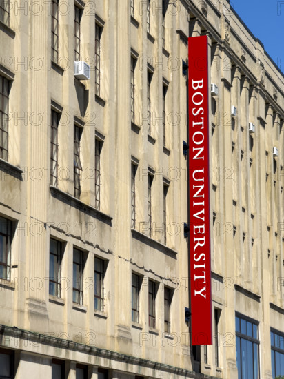 Boston University banner attached to building exterior, Boston, Massachusetts, USA