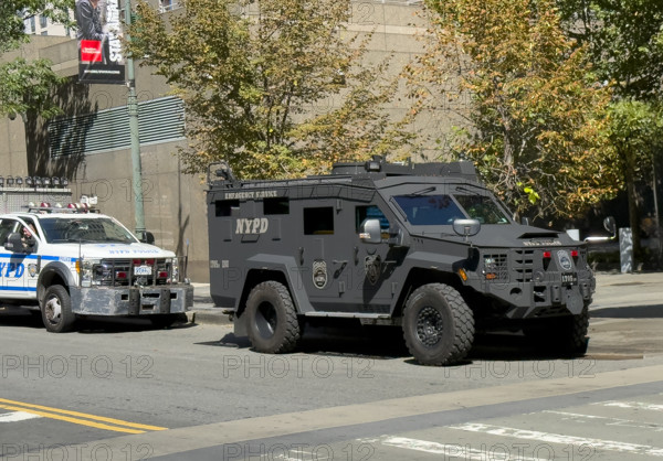 New York Police Department Emergency Service Unit's Armored "Bear" Vehicle parked near World Trade Center's memorial event, Manhattan, New York City, New York, USA