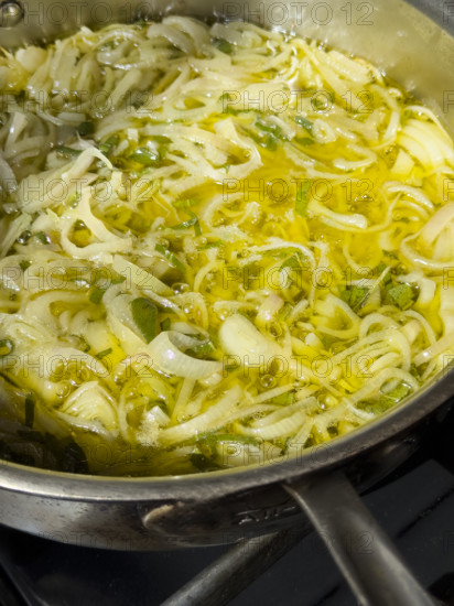 Sauteed onions and scallions in frying pan