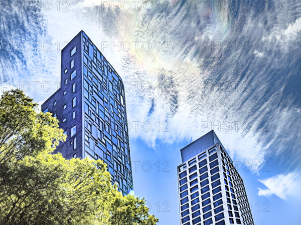 Chelsea Nouvel residential building (left), 100 Eleventh Avenue, One High Line residential building (right), 500 West 18th Street, low angle view, Chelsea, Manhattan, New York City, New York, USA