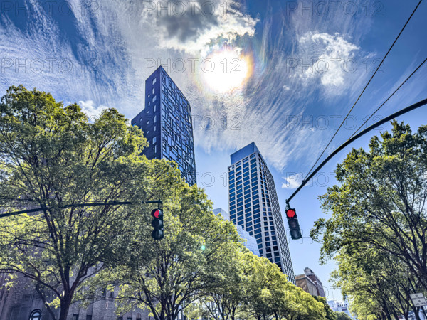 Chelsea Nouvel residential building (left), 100 Eleventh Avenue, One High Line residential building (right), 500 West 18th Street, low angle view, Chelsea, Manhattan, New York City, New York, USA