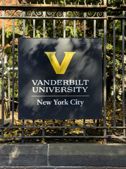 Vanderbilt University, New York City campus, sign on wrought iron fence, Chelsea, Manhattan, New York City, New York, USA