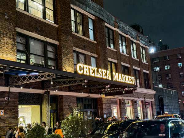 Chelsea Market and street scene at night, Ninth Avenue, Chelsea, Manhattan, New York City, New York, USA