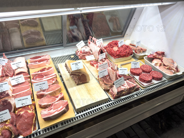 Raw meat display case, Dickson's Farmstand Meats, Chelsea Market, Chelsea, Manhattan, New York City, New York, USA