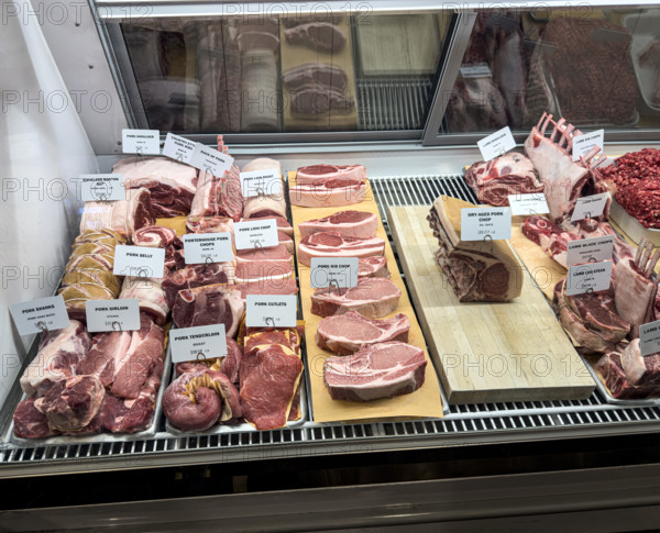 Raw meat display case, Dickson's Farmstand Meats, Chelsea Market, Chelsea, Manhattan, New York City, New York, USA