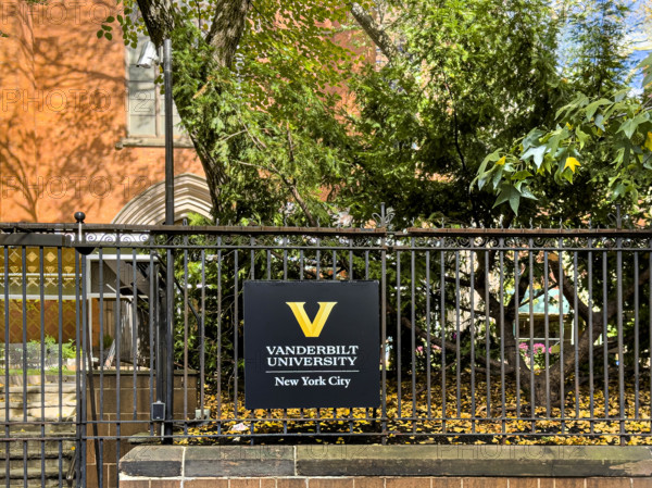 Vanderbilt University, New York City campus, sign on wrought iron fence, Chelsea, Manhattan, New York City, New York, USA