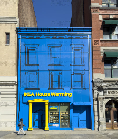 IKEA House Warming retail store pop-up, building exterior and street scene, East 17th Street, Flatiron District, Manhattan, New York City, New York, USA