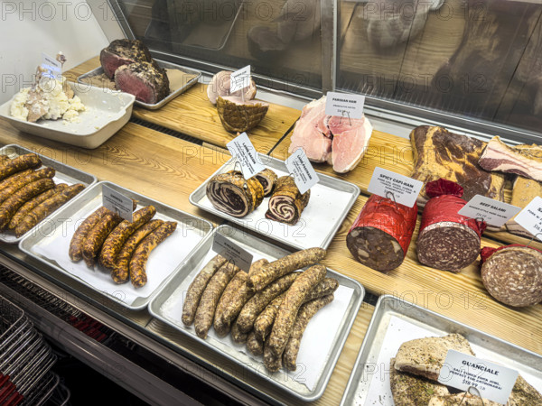 Cured meats display case, Dickson's Farmstand Meats, Chelsea Market, Chelsea, Manhattan, New York City, New York, USA