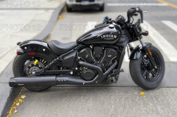 Indian Scout motorcycle parked on street, Manhattan, New York City, New York, USA