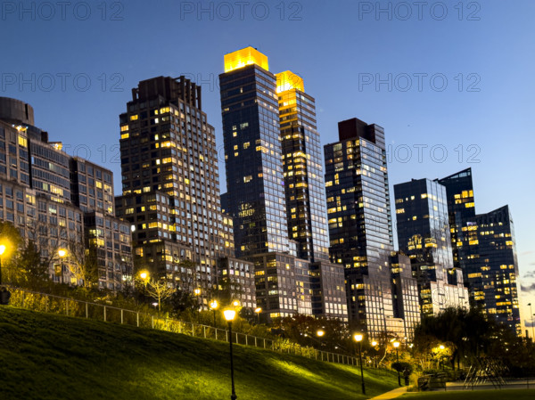 Row of apartment buildings along Riverside Park South at Night, Upper West Side, Manhattan, New York City, New York, USA