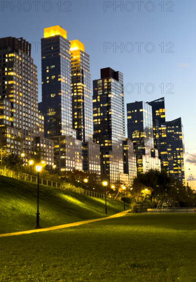 Row of apartment buildings along Riverside Park South at Night, Upper West Side, Manhattan, New York City, New York, USA