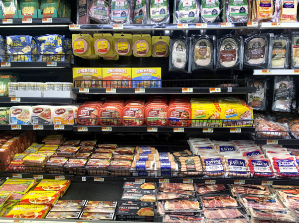 Packaged meat section at grocery store