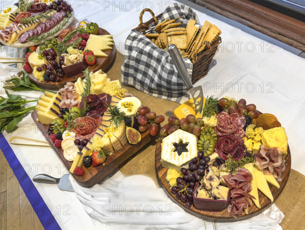 High angle view of charcuterie boards