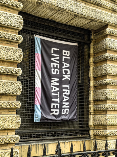 Black Trans Lives Matter banner hanging from building exterior, Greenwich Village, Manhattan, New York City, New York, USA