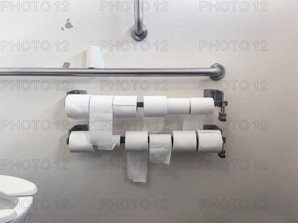 Selection of toilet paper rolls in public bathroom