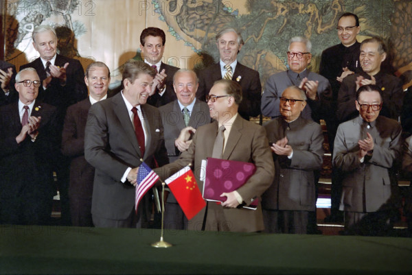 U.S. President Ronald Reagan and Chinese Premier Zhao Ziyang at signing ceremony for four U.S.-China agreements, The Great Hall of The People, Beijing, People's Republic of China, President Ronald Reagan White House Photographic Office, April 30, 1984
