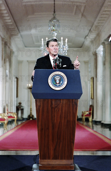 U.S. President Ronald Reagan during his 24th press conference in The East Room of the White House, Washington, D.C., USA, President Ronald Reagan White House Photographic Office, May 22, 1984