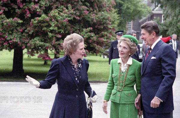 U.S. President Ronald Reagan and U.S. First Lady Nancy Reagan with British Prime Minister Margaret Thatcher at their welcoming ceremony at Kensington Palace during trip to The United Kingdom, London, England, UK, President Ronald Reagan White House Photographic Office, June 4, 1984